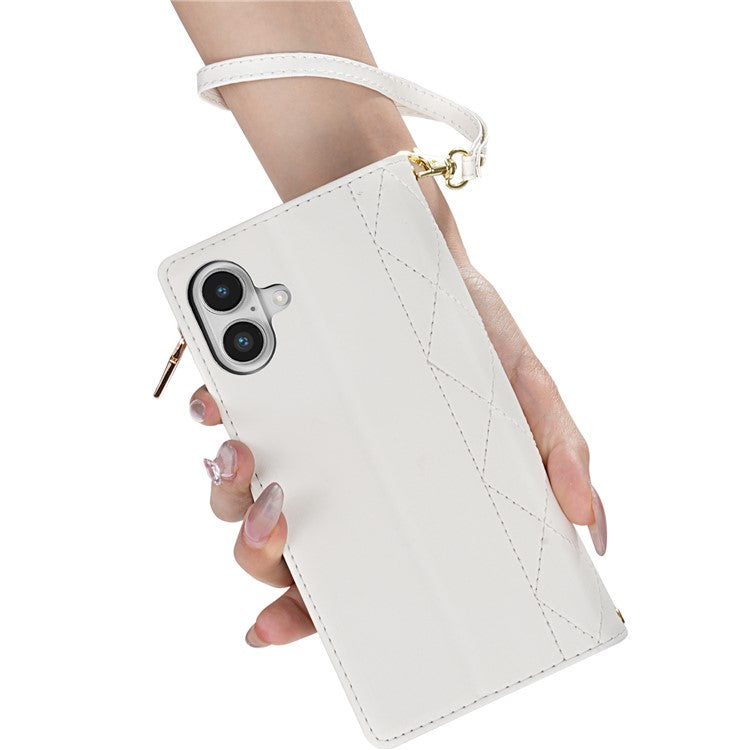 For iPhone 16 Case Rhombus Stitching Leather Wallet Phone Cover with Long / Short Strap - White