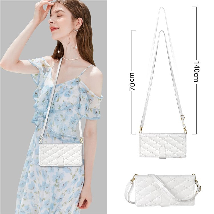 For iPhone 16 Case Rhombus Stitching Leather Wallet Phone Cover with Long / Short Strap - White