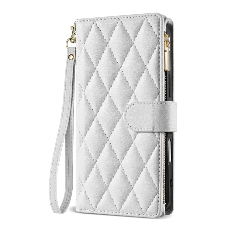 For iPhone 16 Case Rhombus Stitching Leather Wallet Phone Cover with Long / Short Strap - White