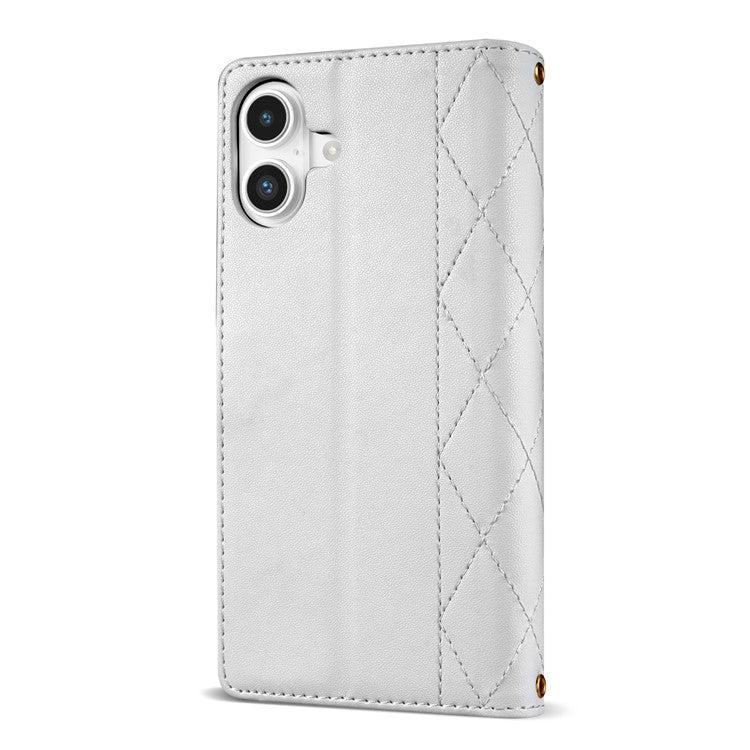 For iPhone 16 Case Rhombus Stitching Leather Wallet Phone Cover with Long / Short Strap - White