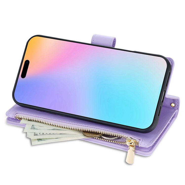 For iPhone 16 Plus Case Rhombus Stitching Leather Wallet Phone Cover with Long  /  Short Strap - Light Purple