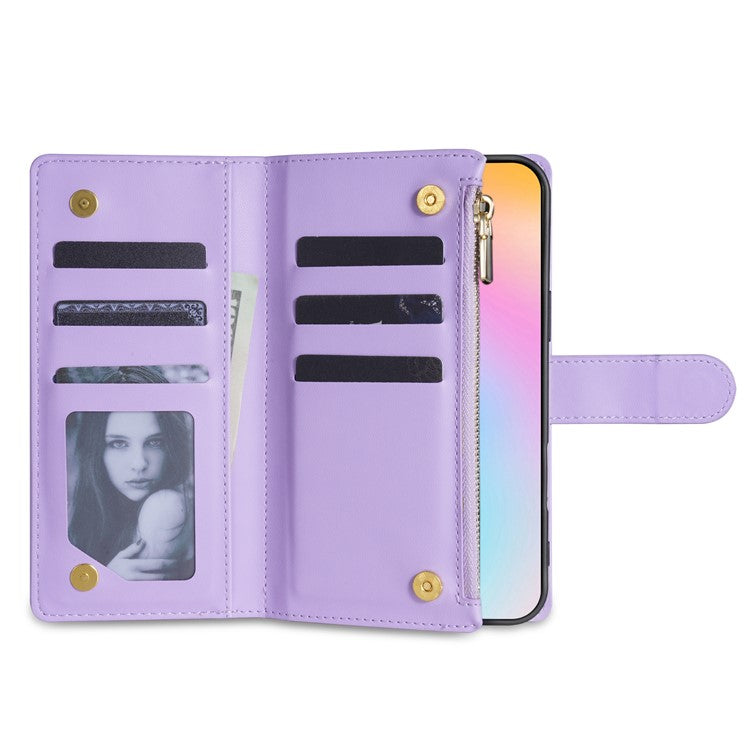 For iPhone 16 Plus Case Rhombus Stitching Leather Wallet Phone Cover with Long  /  Short Strap - Light Purple
