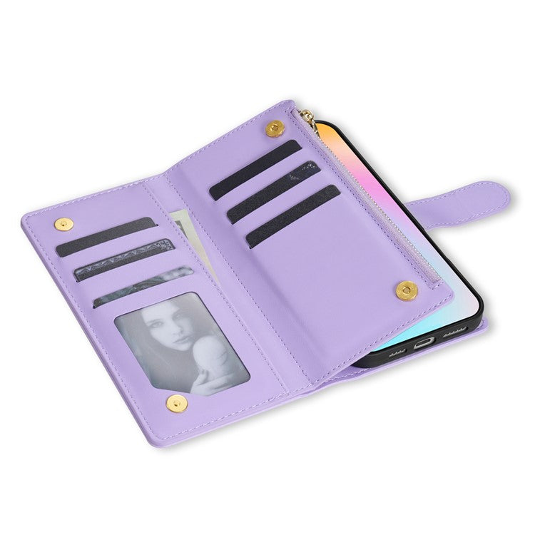 For iPhone 16 Plus Case Rhombus Stitching Leather Wallet Phone Cover with Long  /  Short Strap - Light Purple