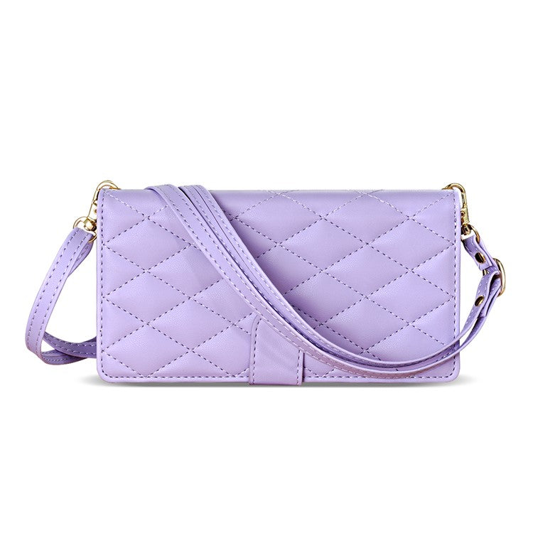 For iPhone 16 Plus Case Rhombus Stitching Leather Wallet Phone Cover with Long  /  Short Strap - Light Purple