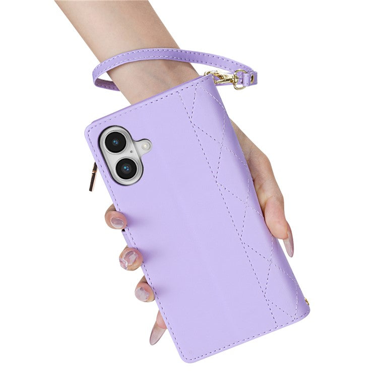 For iPhone 16 Plus Case Rhombus Stitching Leather Wallet Phone Cover with Long  /  Short Strap - Light Purple