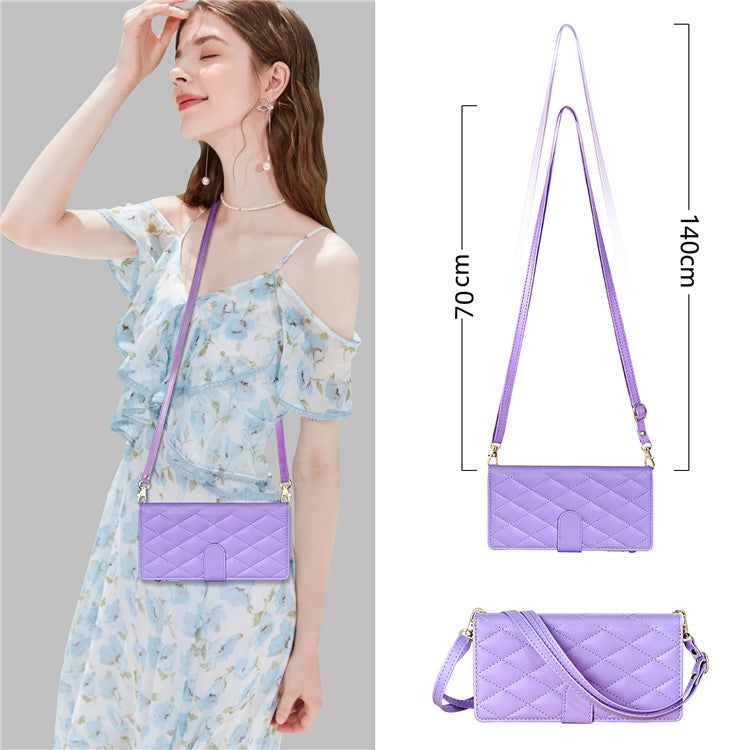 For iPhone 16 Plus Case Rhombus Stitching Leather Wallet Phone Cover with Long  /  Short Strap - Light Purple