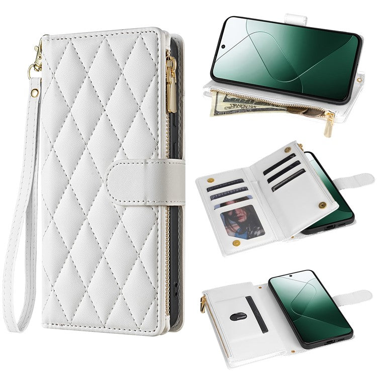 For Google Pixel 9 Pro / Pixel 9 Case Rhombus Stitching Leather Wallet Phone Cover with Long / Short Strap - White