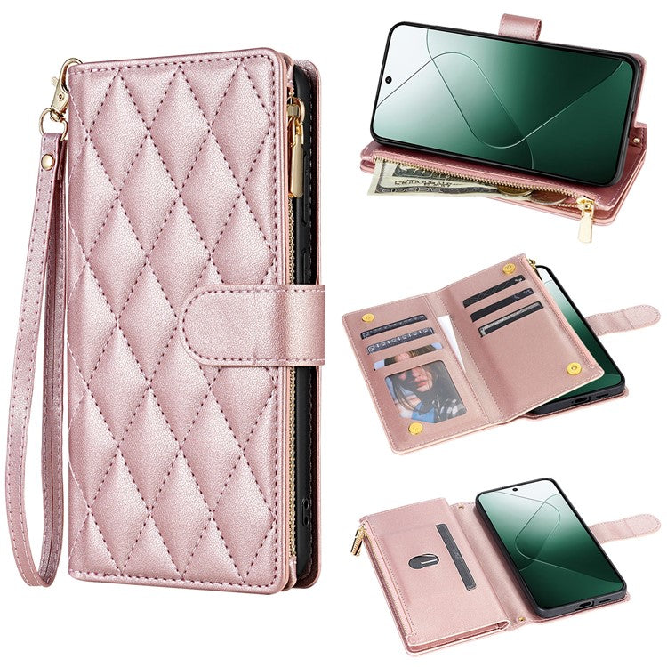 For Google Pixel 9 Pro / Pixel 9 Case Rhombus Stitching Leather Wallet Phone Cover with Long / Short Strap - Rose Gold