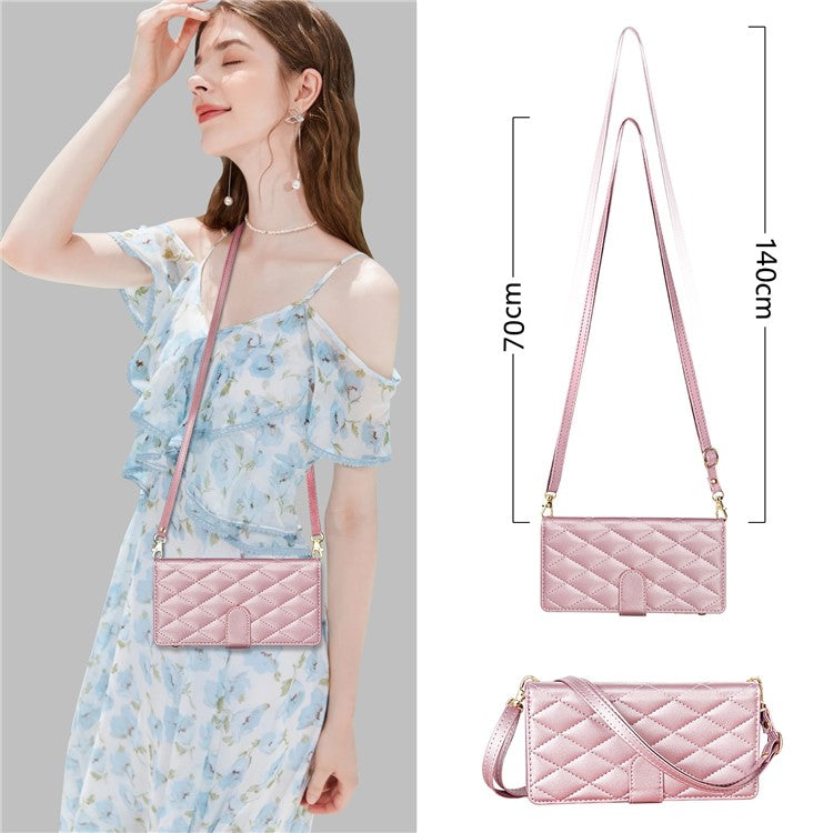 For Google Pixel 9 Pro / Pixel 9 Case Rhombus Stitching Leather Wallet Phone Cover with Long / Short Strap - Rose Gold