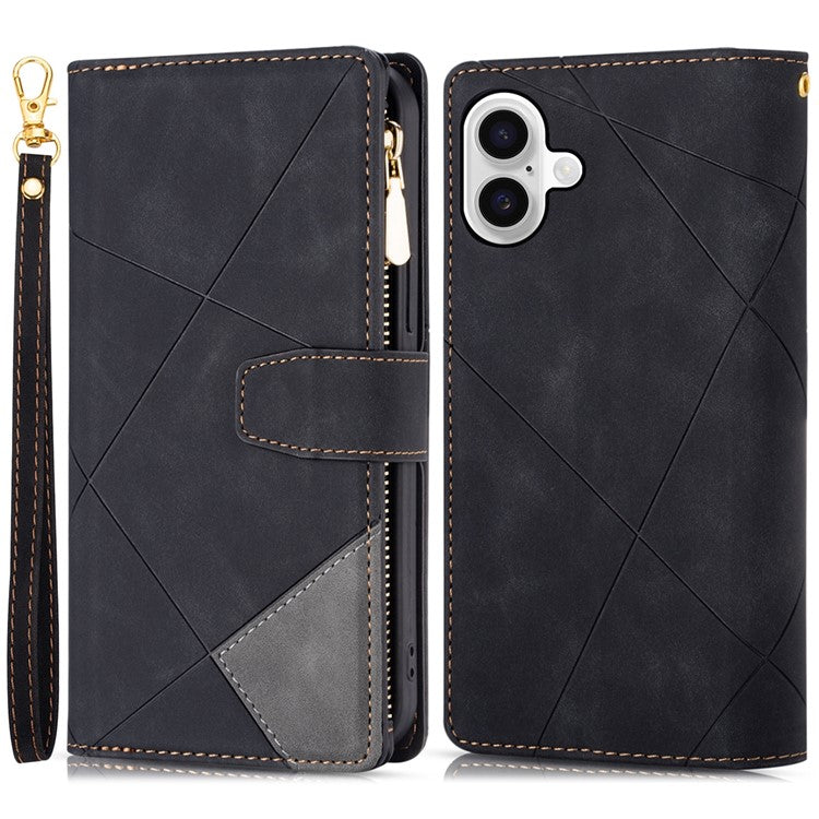 For iPhone 16 Wallet Case Color Splicing Leather Phone Cover with Stand - Black