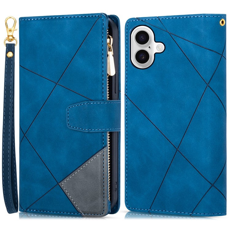 For iPhone 16 Wallet Case Color Splicing Leather Phone Cover with Stand - Blue