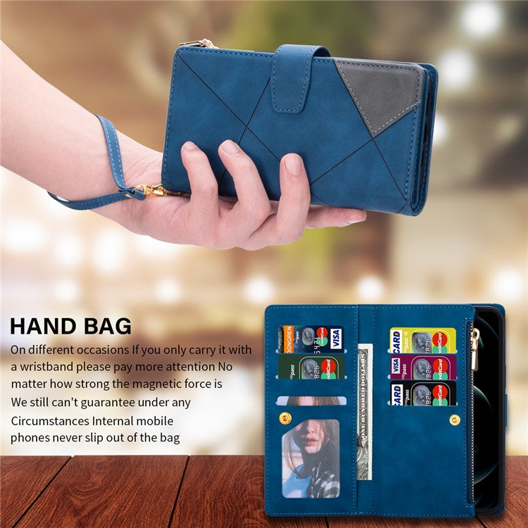For iPhone 16 Wallet Case Color Splicing Leather Phone Cover with Stand - Blue