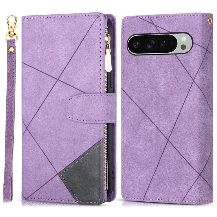 For Google Pixel 9 / 9 Pro Wallet Case Color Splicing Leather Phone Cover with Stand - Purple