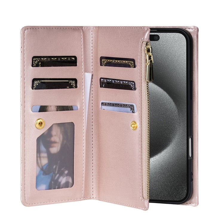 BKS-002 For iPhone 16 Wallet Case PU Leather Stand Phone Cover with Shoulder Strap - Rose Gold