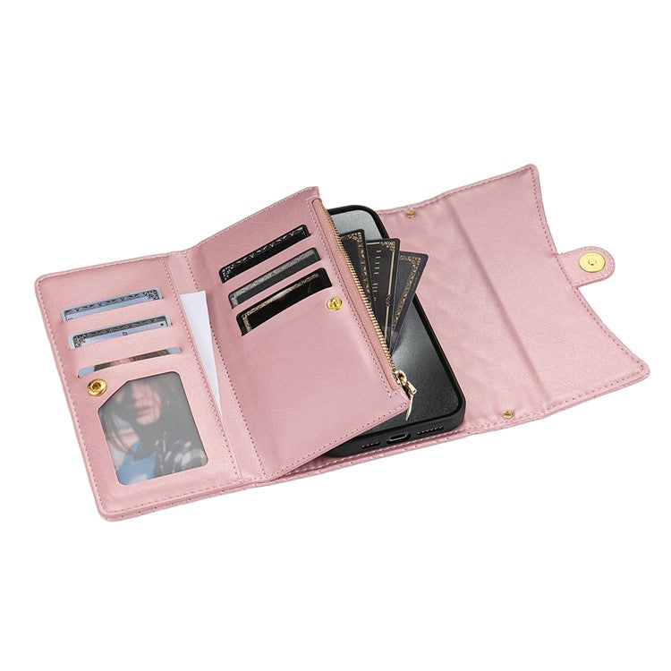 BKS-002 For iPhone 16 Wallet Case PU Leather Stand Phone Cover with Shoulder Strap - Rose Gold