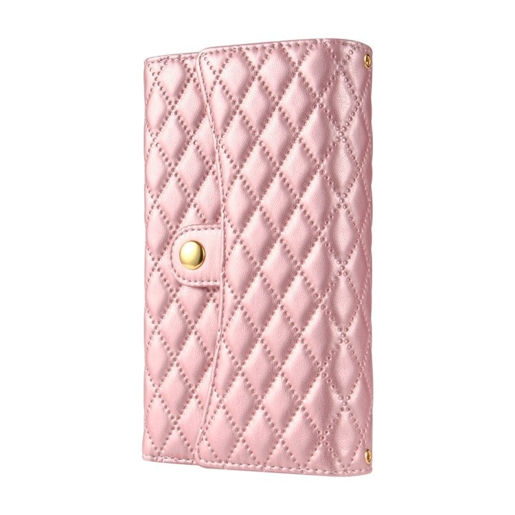 BKS-002 For iPhone 16 Wallet Case PU Leather Stand Phone Cover with Shoulder Strap - Rose Gold