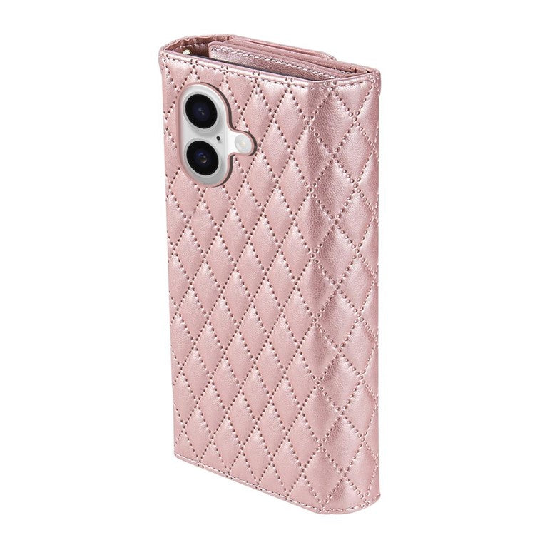 BKS-002 For iPhone 16 Wallet Case PU Leather Stand Phone Cover with Shoulder Strap - Rose Gold