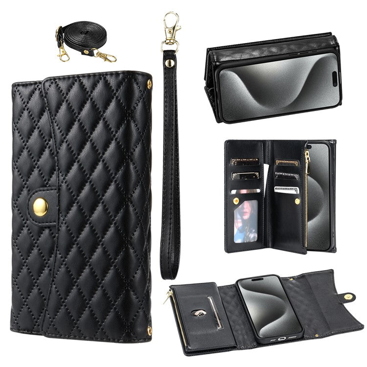 BKS-002 For iPhone 16 Wallet Case PU Leather Stand Phone Cover with Shoulder Strap - Black