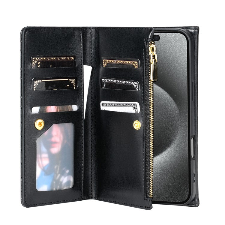 BKS-002 For iPhone 16 Wallet Case PU Leather Stand Phone Cover with Shoulder Strap - Black