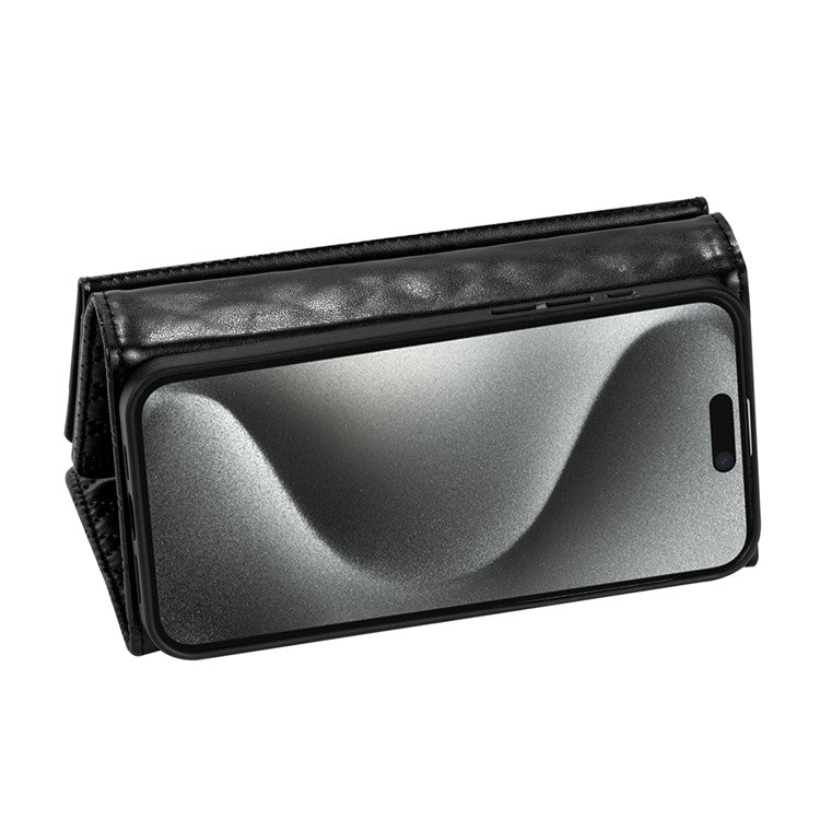 BKS-002 For iPhone 16 Wallet Case PU Leather Stand Phone Cover with Shoulder Strap - Black