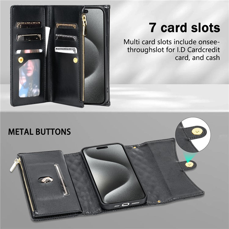 BKS-002 For iPhone 16 Wallet Case PU Leather Stand Phone Cover with Shoulder Strap - Black
