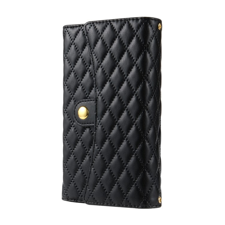BKS-002 For iPhone 16 Wallet Case PU Leather Stand Phone Cover with Shoulder Strap - Black