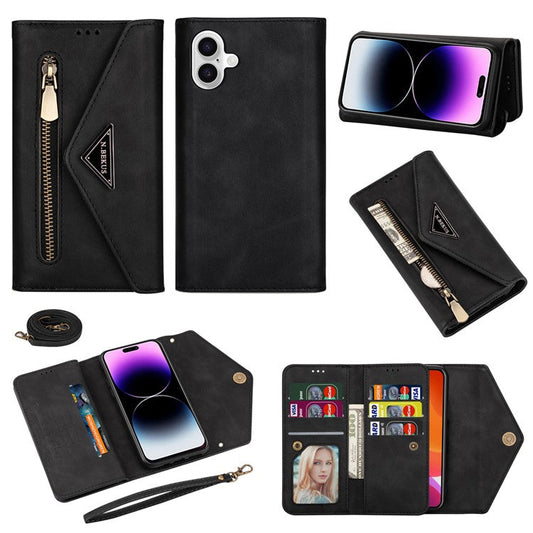 N.BEKUS For iPhone 16 Plus Cases Skin-Touch Leather Wallet Phone Cover with Straps - Black