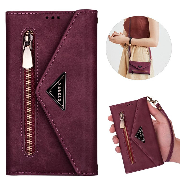 N.BEKUS For iPhone 16 Plus Cases Skin-Touch Leather Wallet Phone Cover with Straps - Wine Red