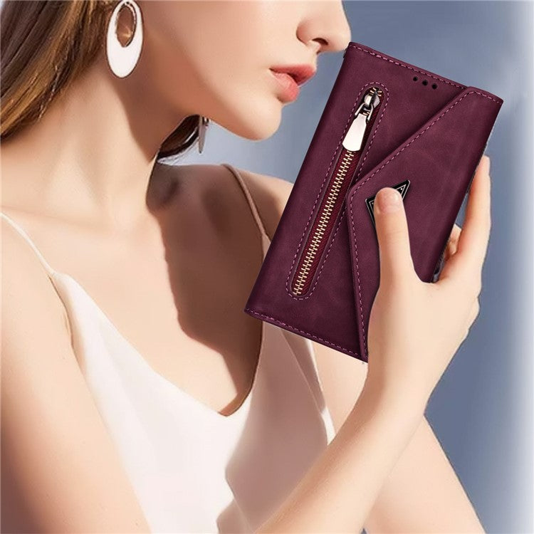 N.BEKUS For iPhone 16 Plus Cases Skin-Touch Leather Wallet Phone Cover with Straps - Wine Red