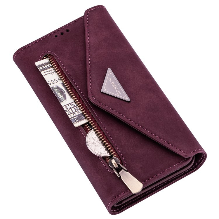 N.BEKUS For iPhone 16 Plus Cases Skin-Touch Leather Wallet Phone Cover with Straps - Wine Red