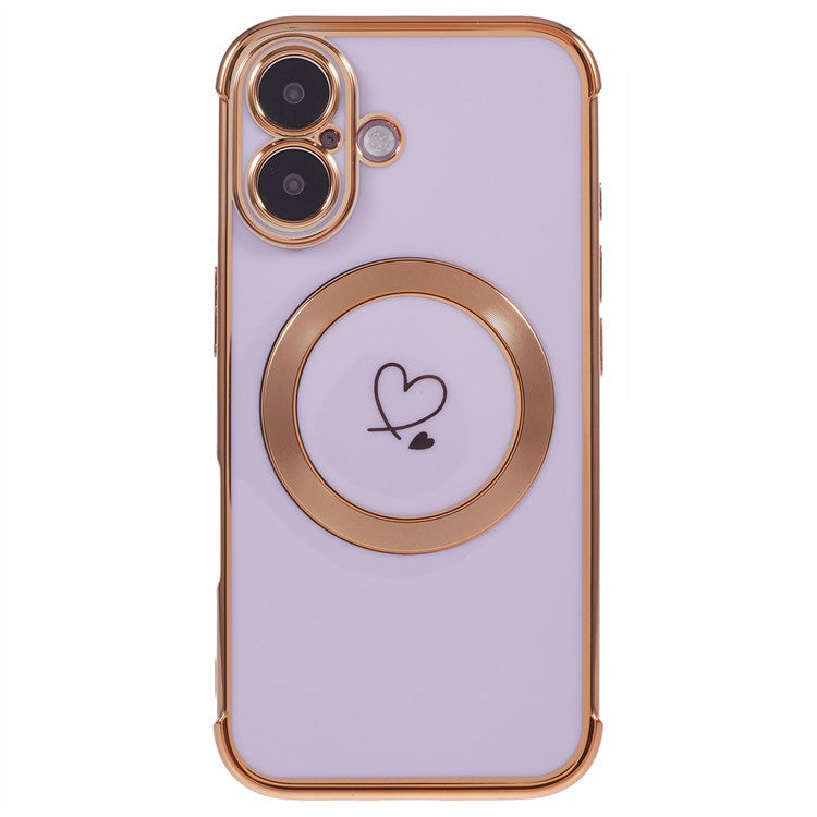 For iPhone 16 Plus Case Compatible with MagSafe Electroplated TPU Phone Cover Hollow Love Hearts - Purple