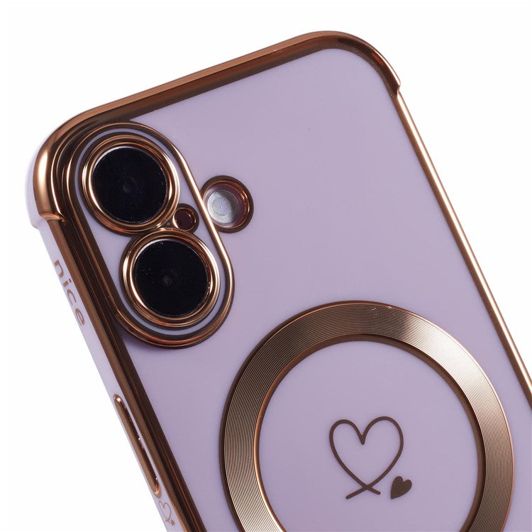For iPhone 16 Plus Case Compatible with MagSafe Electroplated TPU Phone Cover Hollow Love Hearts - Purple
