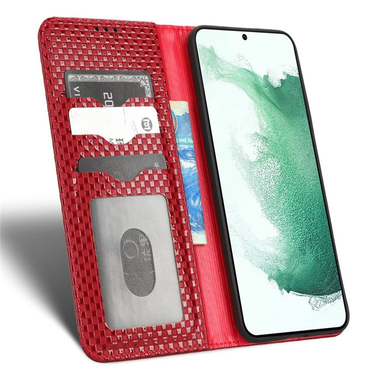 For Samsung Galaxy S22+ 5G Anti-shock Grid Texture Phone Cover Stand Full Protection PU Leather Phone Flip Wallet Case - Wine Red