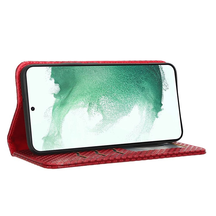 For Samsung Galaxy S22+ 5G Anti-shock Grid Texture Phone Cover Stand Full Protection PU Leather Phone Flip Wallet Case - Wine Red