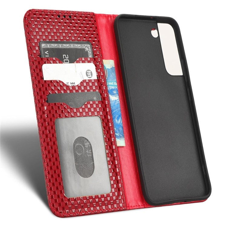 For Samsung Galaxy S22+ 5G Anti-shock Grid Texture Phone Cover Stand Full Protection PU Leather Phone Flip Wallet Case - Wine Red
