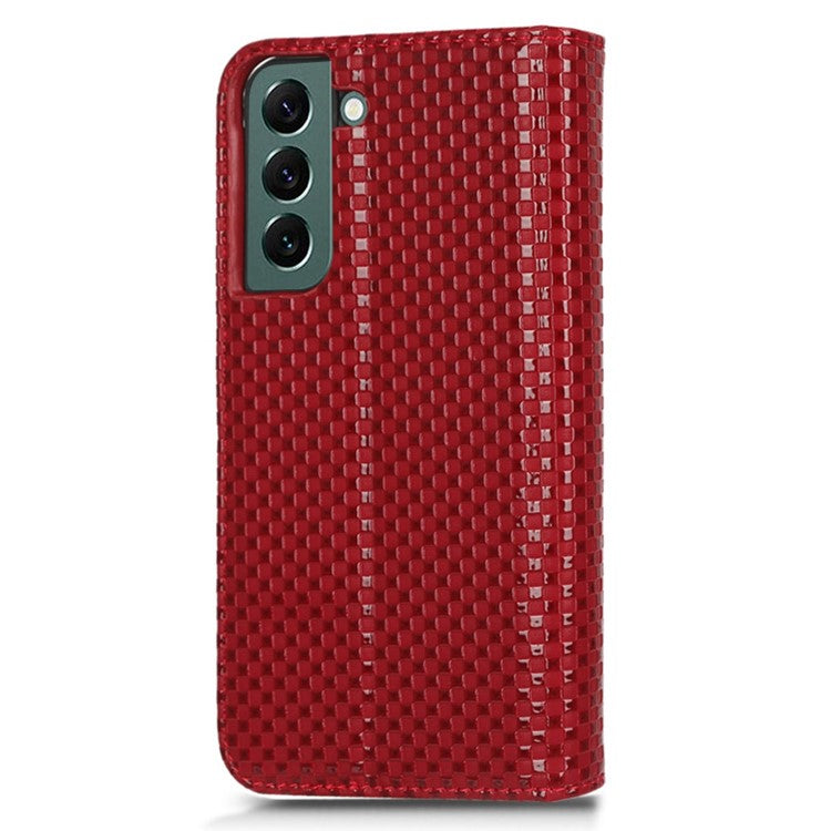 For Samsung Galaxy S22+ 5G Anti-shock Grid Texture Phone Cover Stand Full Protection PU Leather Phone Flip Wallet Case - Wine Red