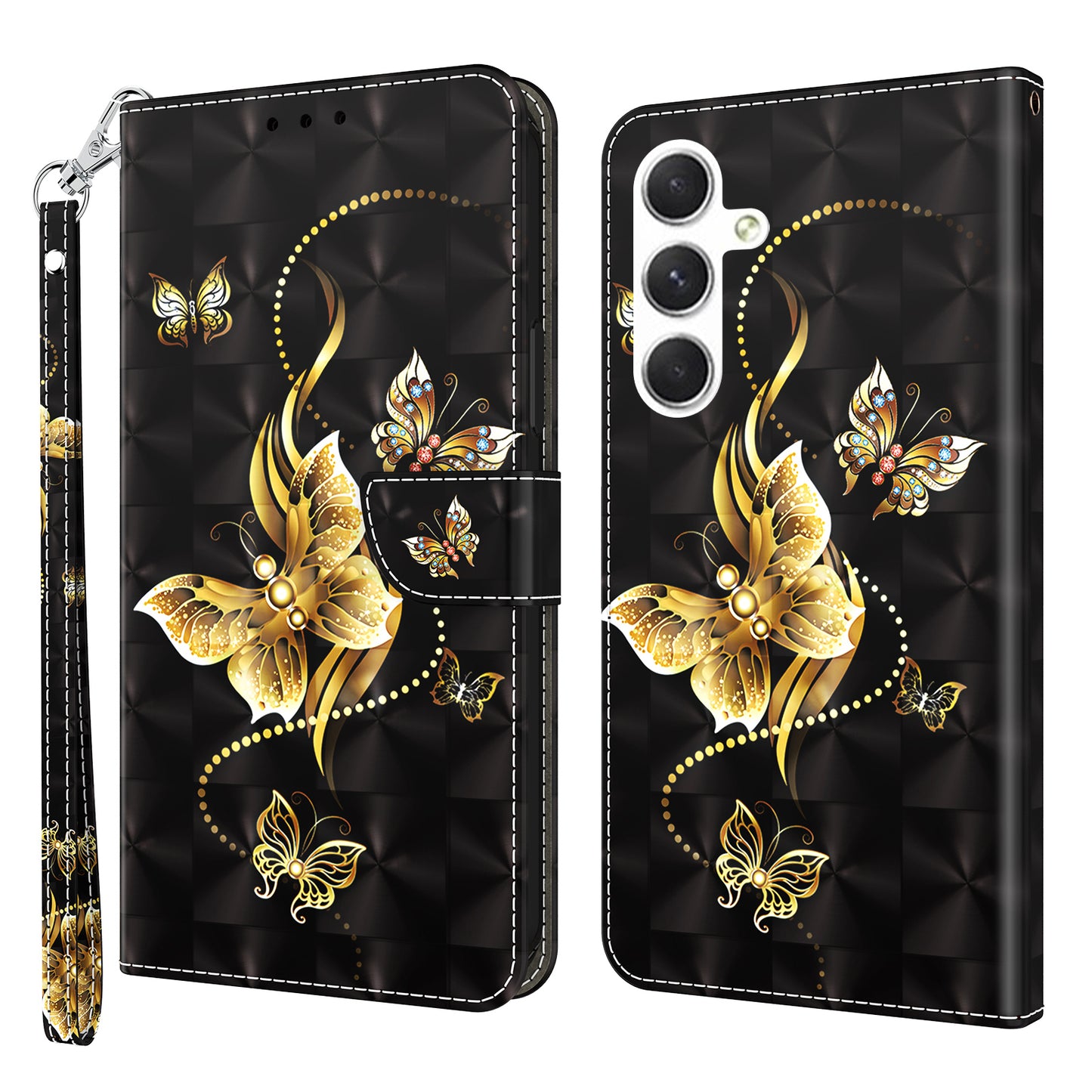 For Samsung Galaxy A16 5G / A16 4G Case Stand Pattern Printing Leather Phone Cover - Golden Butterfly