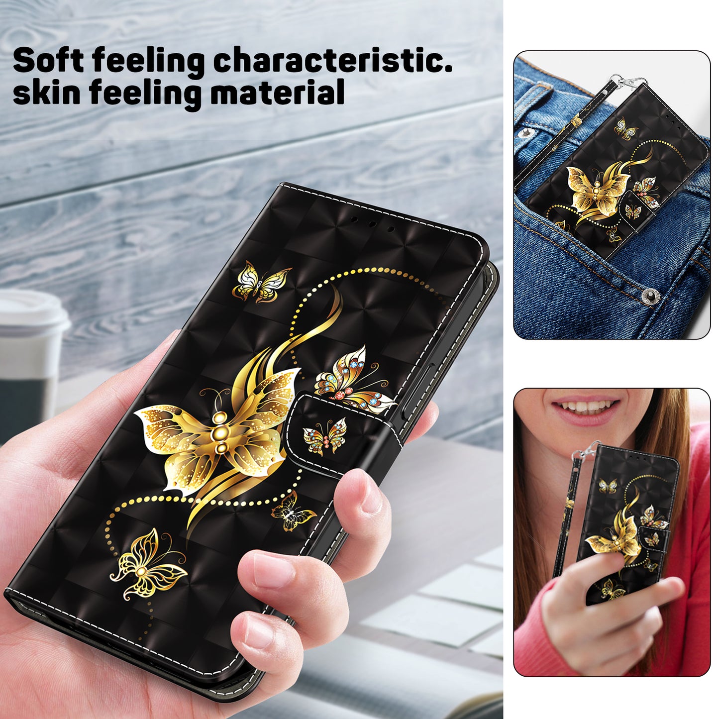 For Samsung Galaxy A16 5G / A16 4G Case Stand Pattern Printing Leather Phone Cover - Golden Butterfly