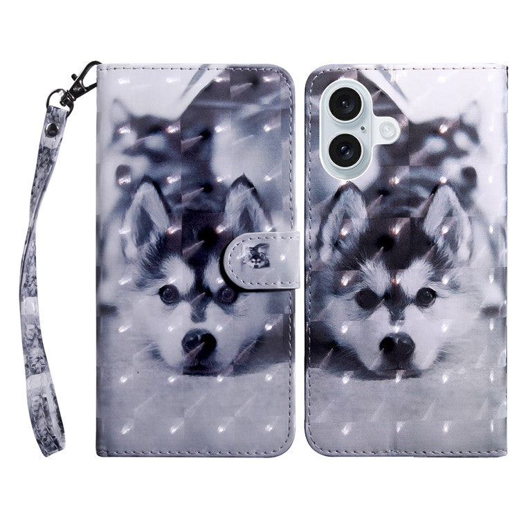For iPhone 16 Plus Case Stand Pattern Printing Leather Phone Cover - Husky