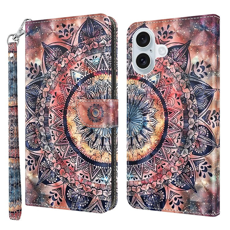For iPhone 16 Case Stand Pattern Printing Leather Phone Cover - Color Mandala
