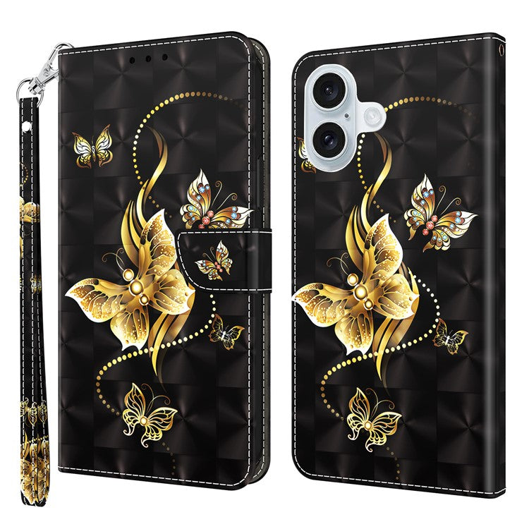 For iPhone 16 Case Stand Pattern Printing Leather Phone Cover - Golden Butterfly