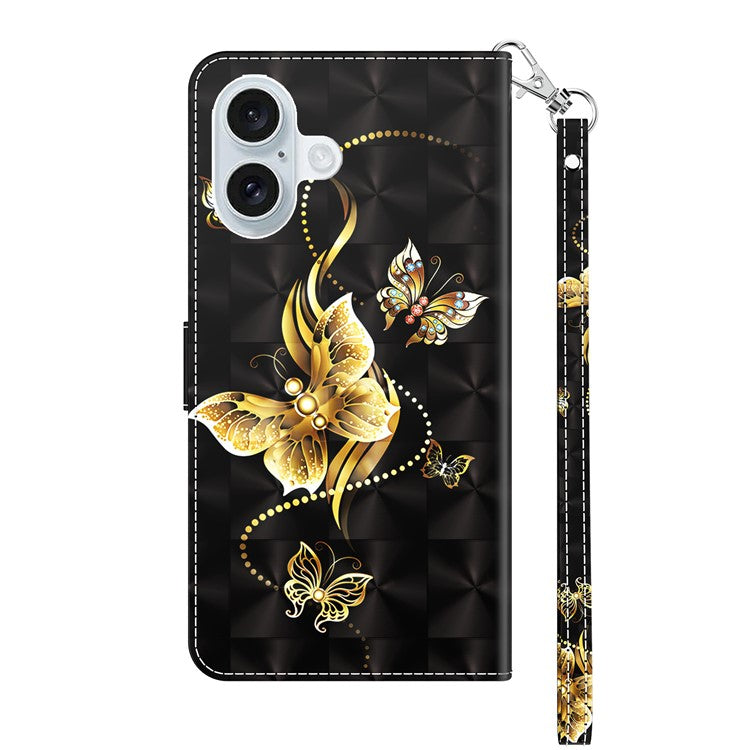 For iPhone 16 Case Stand Pattern Printing Leather Phone Cover - Golden Butterfly