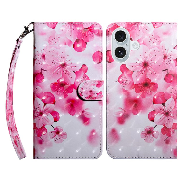 For iPhone 16 Case Stand Pattern Printing Leather Phone Cover - Red Flower