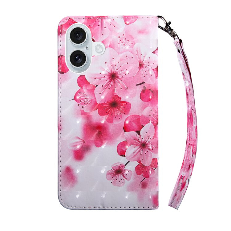 For iPhone 16 Case Stand Pattern Printing Leather Phone Cover - Red Flower