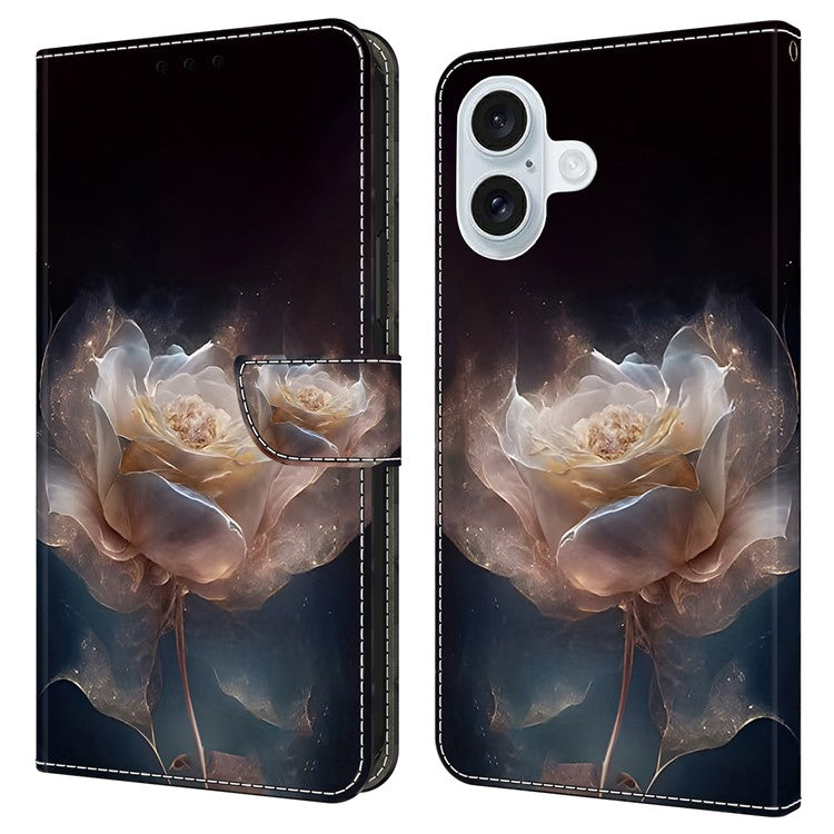 For iPhone 16 Plus Case Pattern Printed Protective Leather Flip Phone Case - Peony
