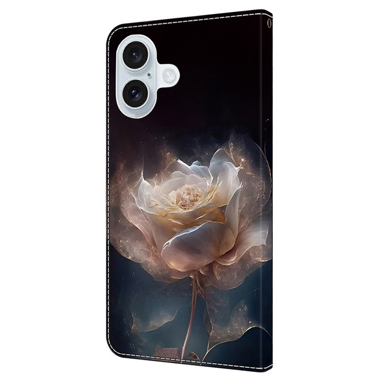 For iPhone 16 Plus Case Pattern Printed Protective Leather Flip Phone Case - Peony