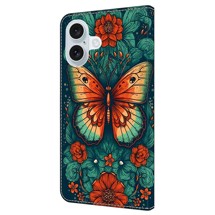 For iPhone 16 Plus Case Pattern Printed Protective Leather Flip Phone Case - Flower Butterfly