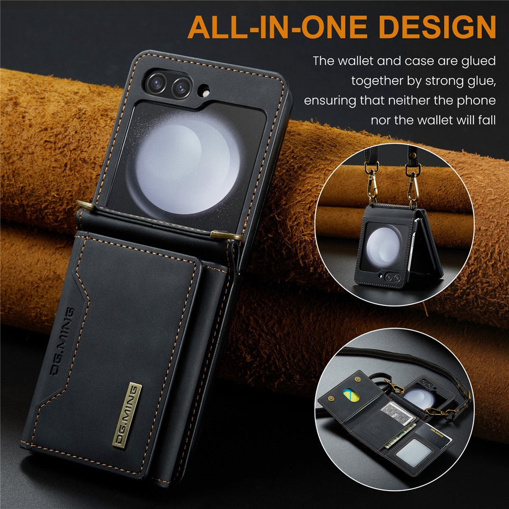 DG.MING M2 Series for Samsung Galaxy Z Flip7 FE 5G / Z Flip6 5G Case PU+PC Phone Cover with Wallet, Strap - Black