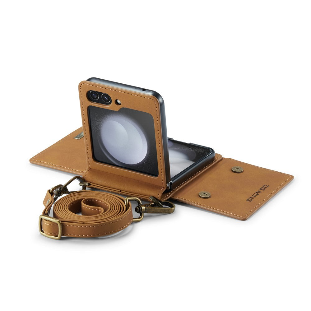 DG.MING M2 Series for Samsung Galaxy Z Flip7 FE 5G / Z Flip6 5G Case PU+PC Phone Cover with Wallet, Strap - Brown
