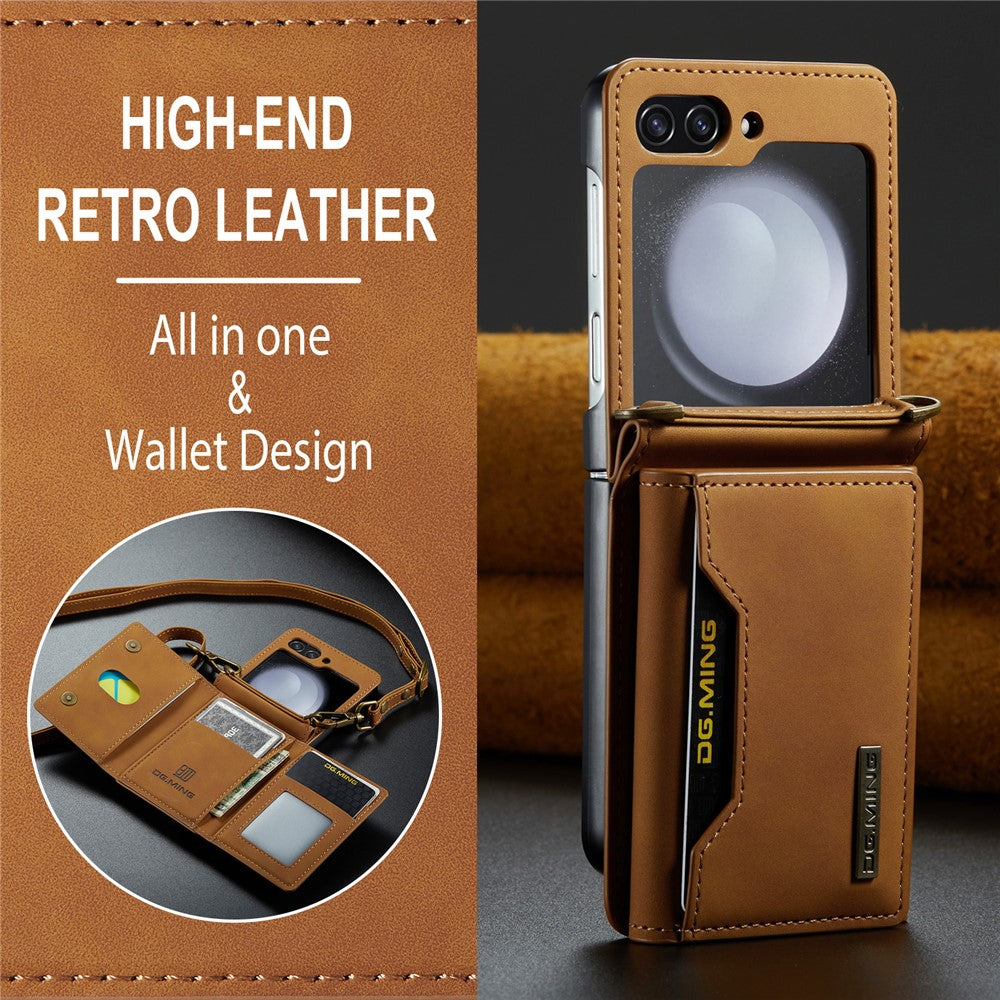 DG.MING M2 Series for Samsung Galaxy Z Flip7 FE 5G / Z Flip6 5G Case PU+PC Phone Cover with Wallet, Strap - Brown